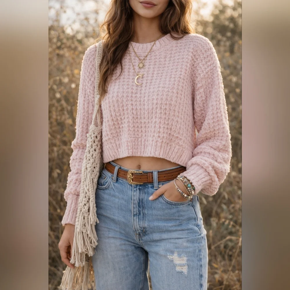 Altar’d State Blush Pink Chenille Textured Slightly Cropped Sweater XXS L/S Ribb